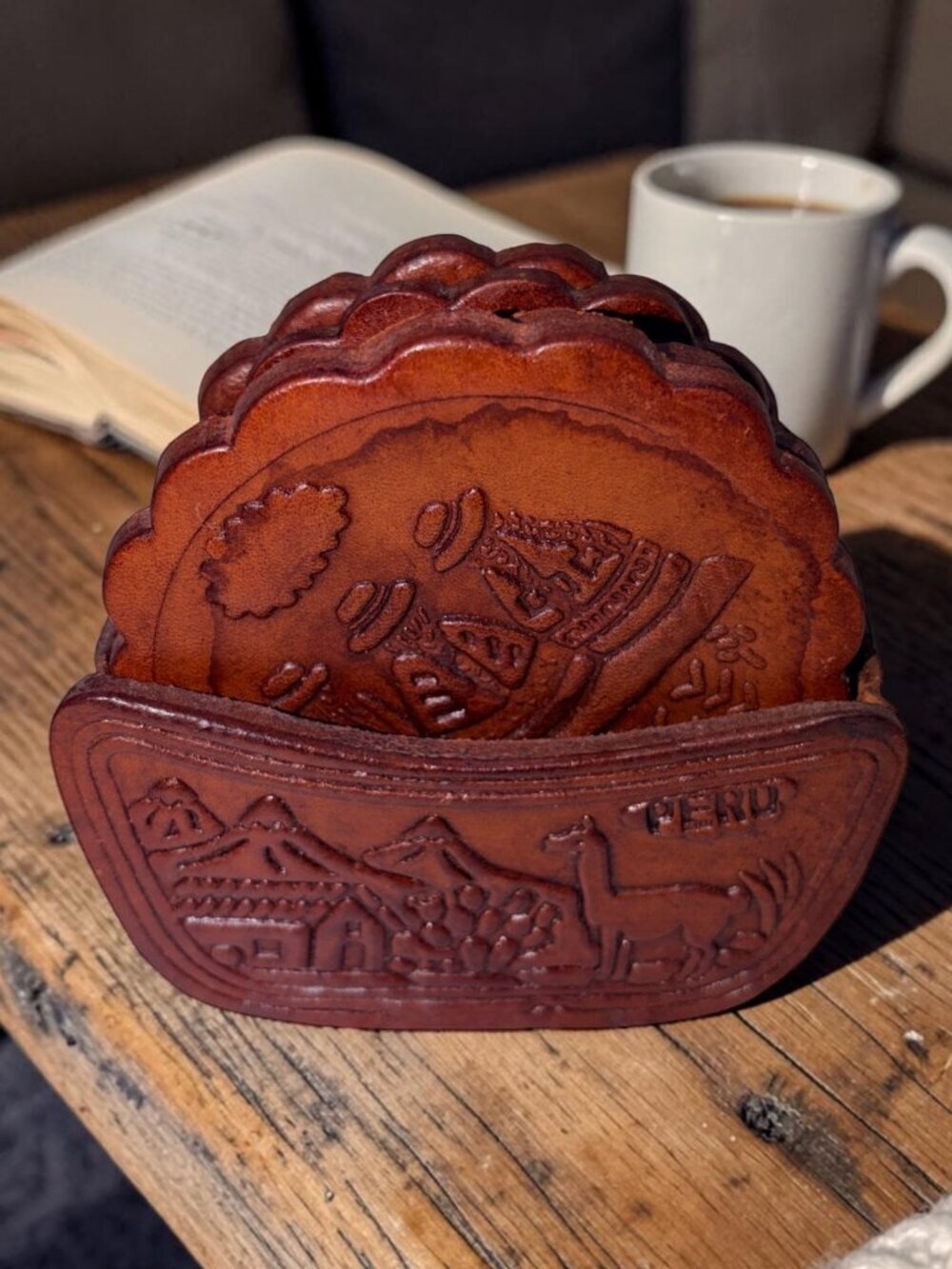 Vintage Peruvian Tooled Leather Coaster Set w/ Holder – Set of 6 Brown Stamped
